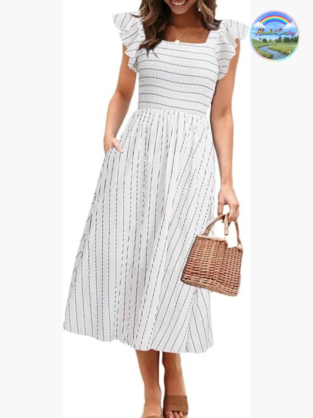 Smocked Midi Dress Flutter Sleeve Boho Flowy A-Line Square Neck with Pockets
